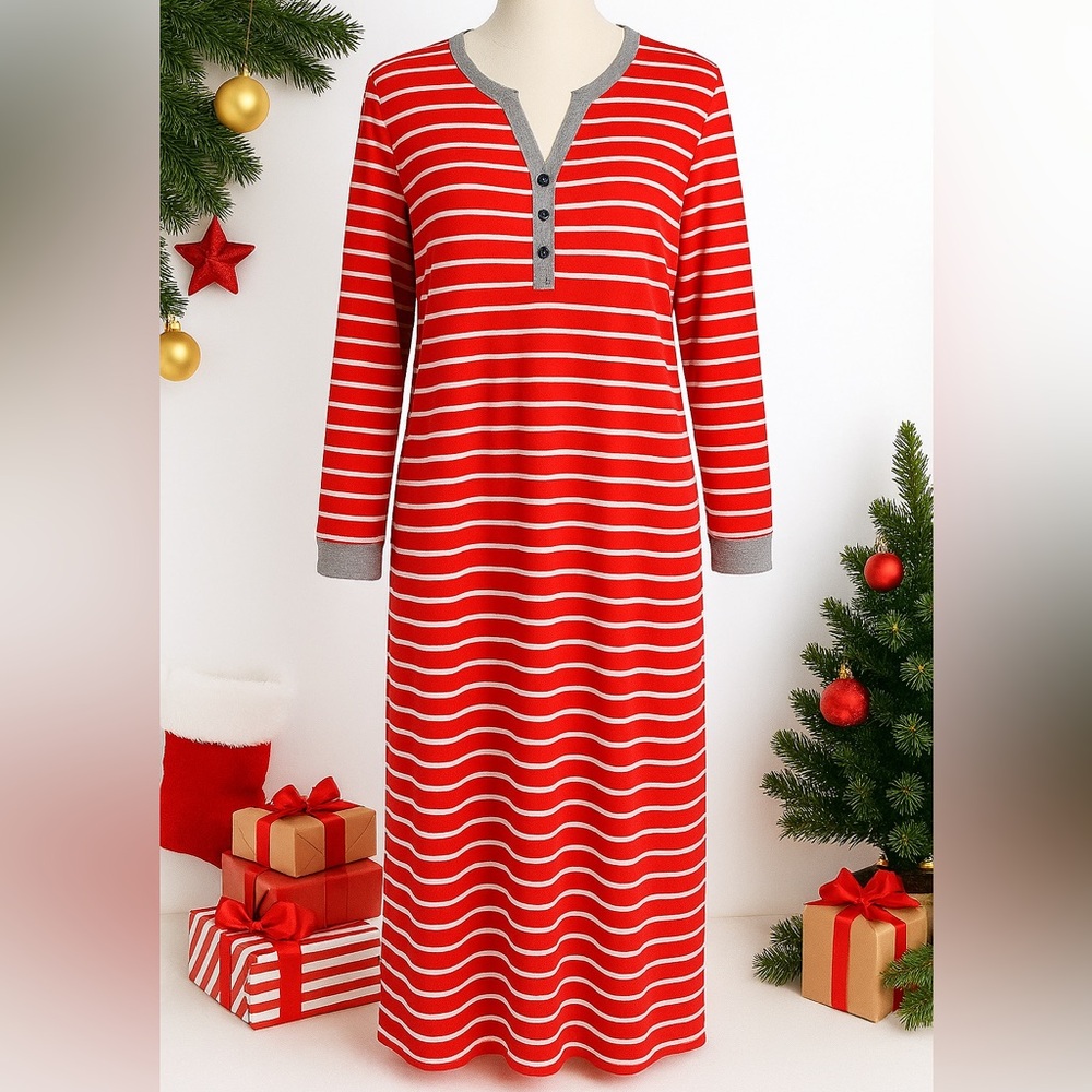 Ekouaer Red Striped Henley Nightgown Size Large